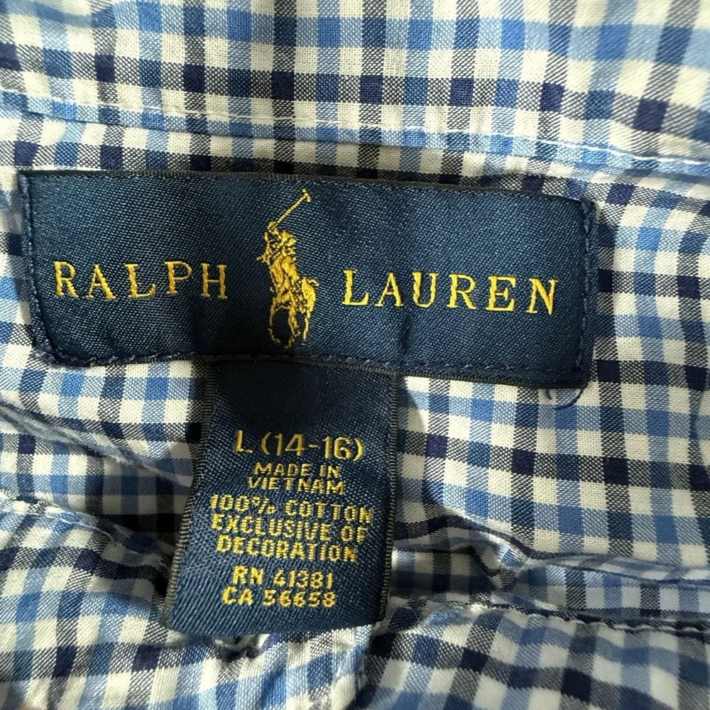 Ralph Lauren Button Down Shirt Check Cotton Boys Large L 14/16 Blue White